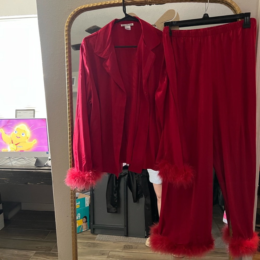 Linea Donatella Red Feather Trim Pajama Set